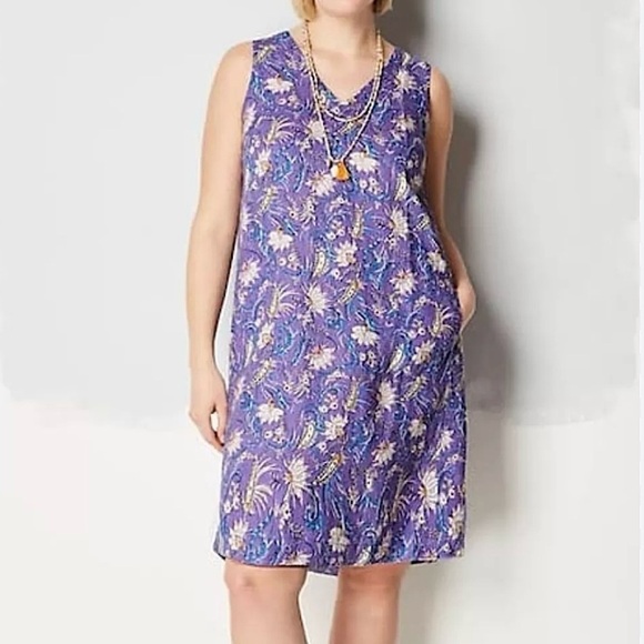 J. Jill Linen Sleeveless Floral Above Knee Dress‎ Pockets Purple Medium Petite - Picture 1 of 10